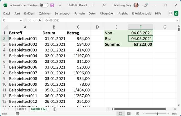 Screenshot Excel mit einer Summe zwischen zwei Kalenderdaten 