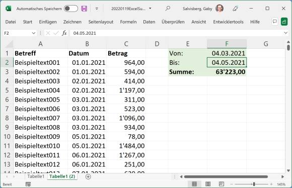 Screenshot Excel mit einer Summe zwischen zwei Kalenderdaten 