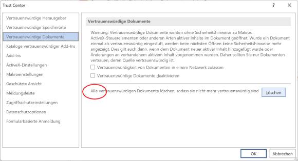 Screenshot der Einstellungen betreffend vertrauenswürdige Dokumente 