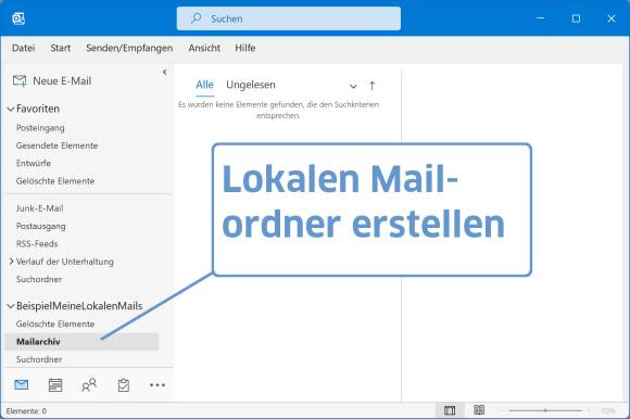 Screenshot Outlook mit lokaler Datendatei und Mailordner 
