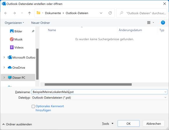 Screenshot Speicherdialog für die neue PST-Datei