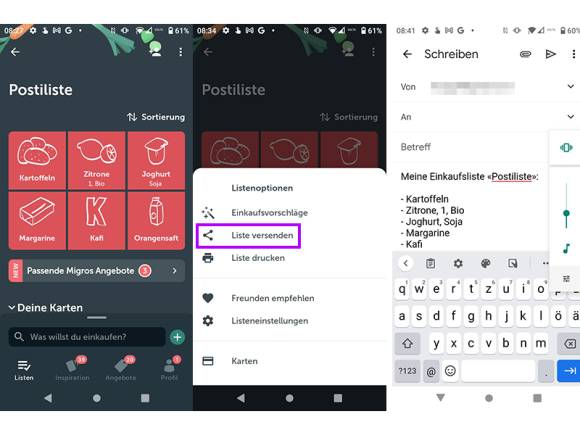 Screenshots aus der Bring-App 