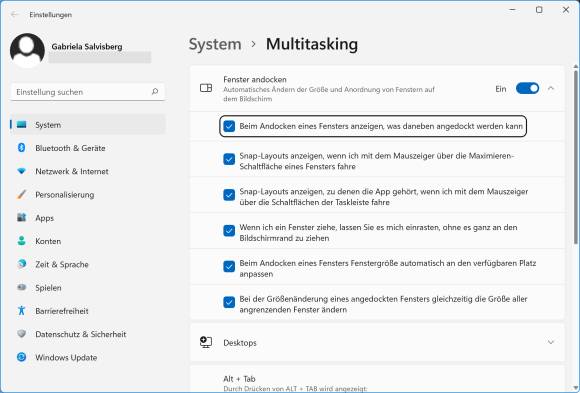 Die Snap-Assist-Einstellungen unter Windows 11