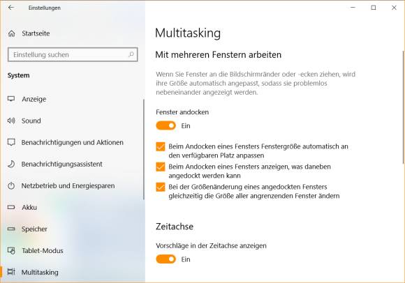 Die Snap-Assist-Einstellungen unter Windows 10