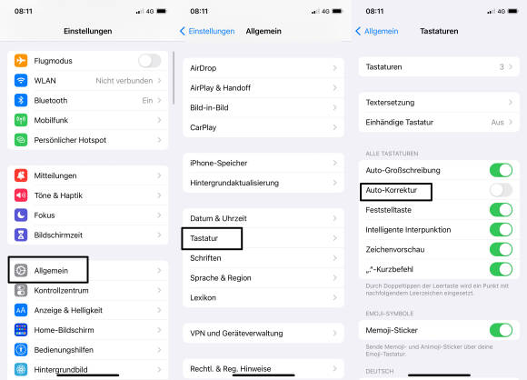 Autokorrektur Menü des iPhones