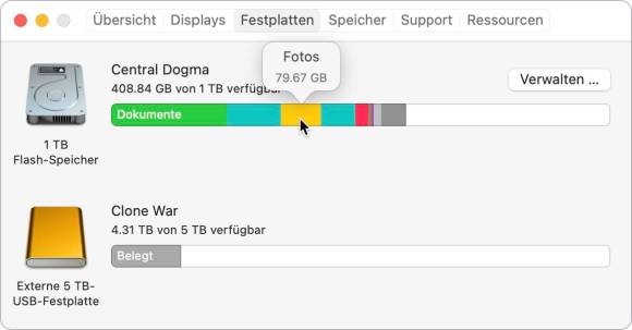 Der Screenshot zeigt die Aufteilung des Speicherverbrauchs mit farbigen Balken