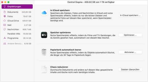 Der Screenshot zeigt den belegten Speicher lokal und in der Cloud