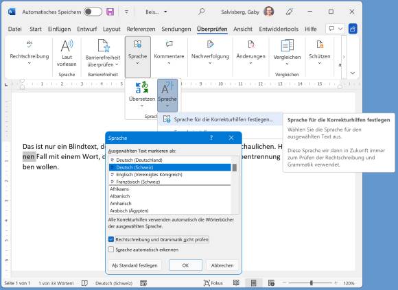 Screenshot Sprache der Korrekturhilfen