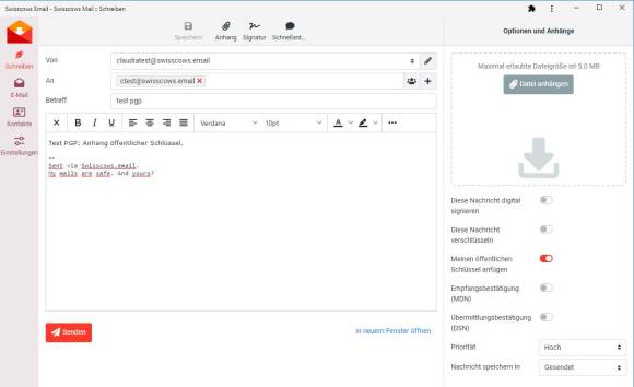 Screenshot Mail erstellen mit dem PGP-Schlüssel als Anhang