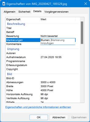 Eigenschaften-Fenster mit gesetzten Tags