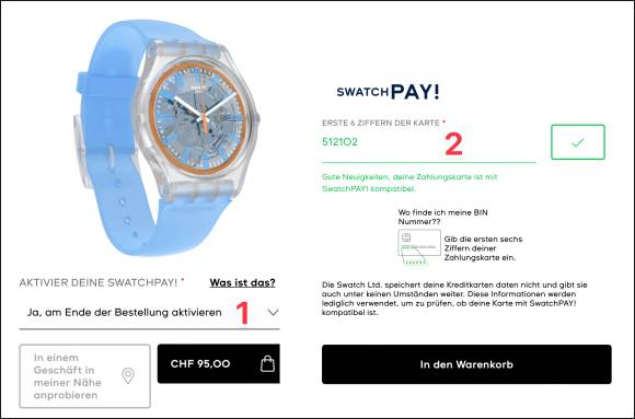 Auf der Website wird neben der Swatch-Uhr auch die Möglichkeit geboten, die eigene Kreditkarte auf ihre Kompatibilität prüfen zu lassen