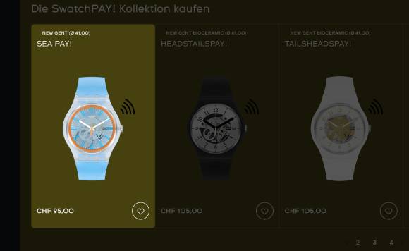 Der Screenshot zeigt auf der Website drei Swatch-Modelle; das hellblaue Modell ist hervorgehoben