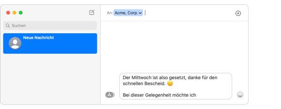 Der Screenshot zeigt die Anwendung «Nachrichten»; es wird gerade ein Chat mit mehreren Absätzen verfasst