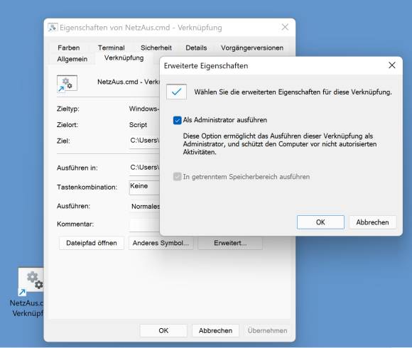 Screenshot Verknüpfungseigenschaften