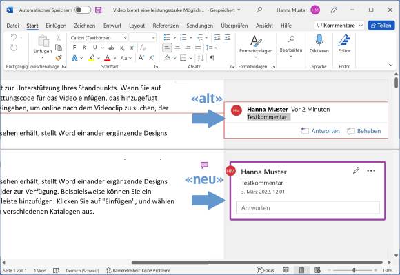 Der Kombi-Screenshot vergleicht das alte und neue Kommentarformat in Word 