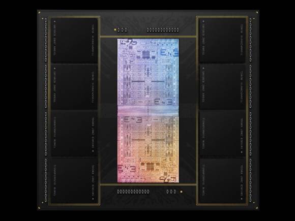 Das Foto zeigt die Apple-CPU M1 Ultra vor schwarzem Hintergrund