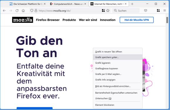 Firefox-Kontextmenü mit Befehl Hintergrundgrafik anzeigen 