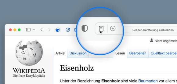 Der Screenshot zeigt eine Vergrösserung in der Adressleiste, die auf das Reader-Symbol hinweist