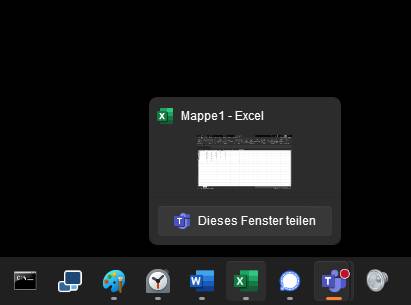 Screenshot zeigt den «Dieses Fenster teilen»-Button, hier im Excel-Thumbnail der Taskleiste 