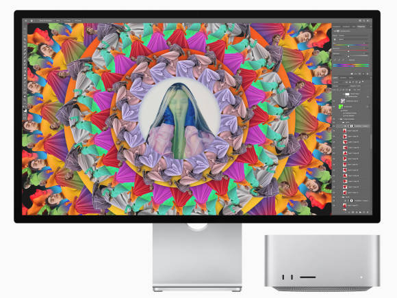 Traumpaar: Mac Studio mit Studio Display Das Foto zeigt einen Mac Studio; das Studio Display daneben zeigt eine bunte Grafik