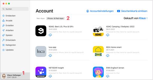 Der Screenshot zeigt im App Store für den Mac, welche Apps bereits am Mobilgerät gekauft wurden