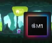 Im Hintergrund ist verschwommen ein Spiel zu sehen, im Vordergrund steht das Logo M1 der Apple-Prozessoren