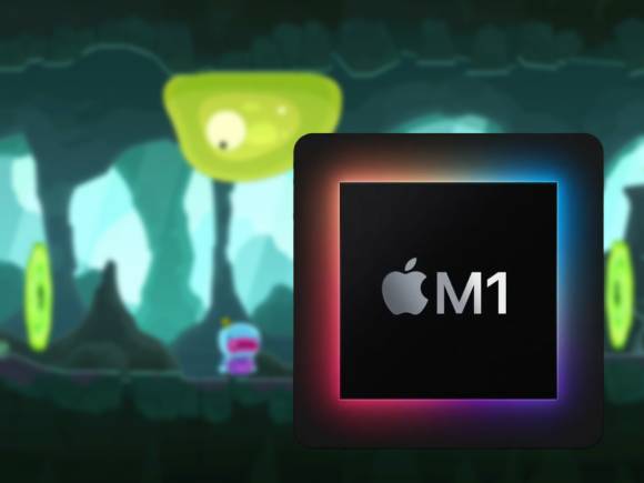 Im Hintergrund ist verschwommen ein Spiel zu sehen, im Vordergrund steht das Logo M1 der Apple-Prozessoren 