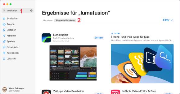 Der Screenshot zeigt den App Store; über einen Suchbefehl werden die iPad- und iPhone-Apps angezeigt