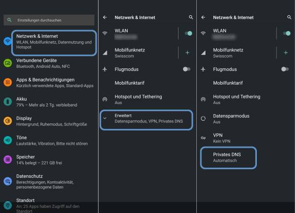 Drei Android-Screenshots zeigen den Weg zur Einstellung