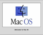 Der Screenshot zeigt den Startbildschirm von Mac OS 8 mit dem Hinweis «Welcome to Mac OS»