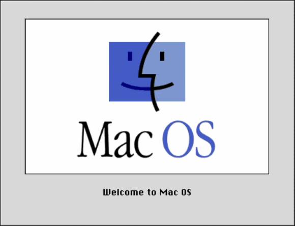Der Screenshot zeigt den Startbildschirm von Mac OS 8 mit dem Hinweis «Welcome to Mac OS» 