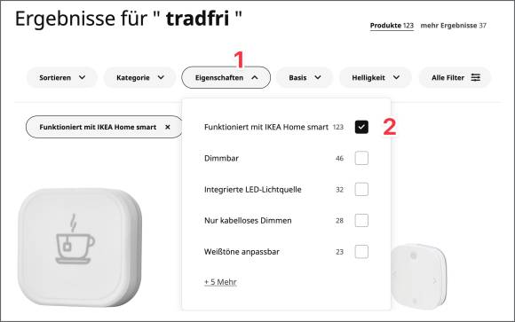 Der Screenshot zeigt, wie auf der Ikea-Website die Smarthome-Produkte gefunden werden