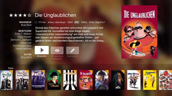 Ein modernes Mediacenter verschlingt Unmengen an Speicher (im Bild: Infuse auf Apple TV) Der Screenshot zeigt die Oberfläche eines Mediacenters mit dem Film «Die Unglaublichen»