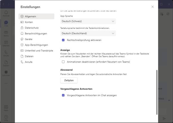 Screenshot Teams-Einstellungen