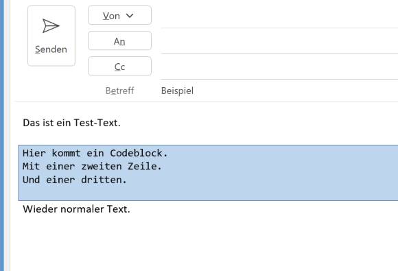 Beispiel eines Code-Blocks in einer Mail 