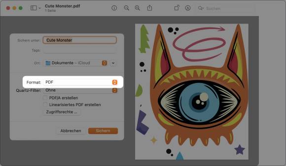 Der Screenshot zeigt den «Sichern»-Dialog der Software «Vorschau», zusammen mit der konvertierten Grafik