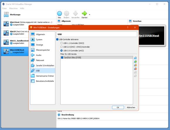 Screenshot VirtualBox mit USB-Einstellungen 