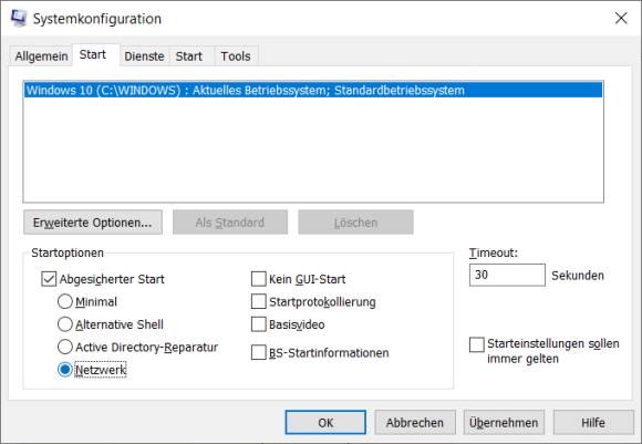 Das Systemkonfigurations-Fenster mit dem abgesicherten Modus