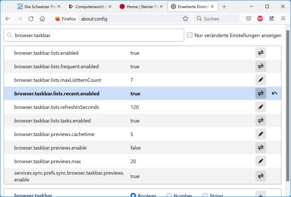 Screenshot about:config-Einstellungen