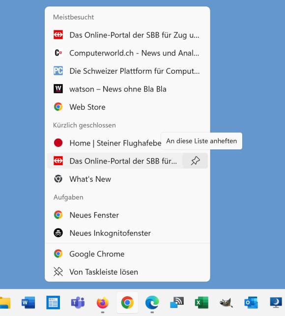 Taskleisten-Kontextmenü mit Sprungliste eines Browsers