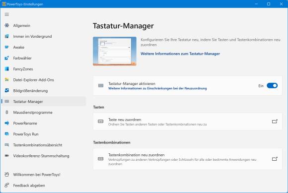 Screenshot PowerToys-Tastaturmanager-Einstellungen