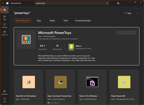 Screenshot der PowerToys im Microsoft Store 