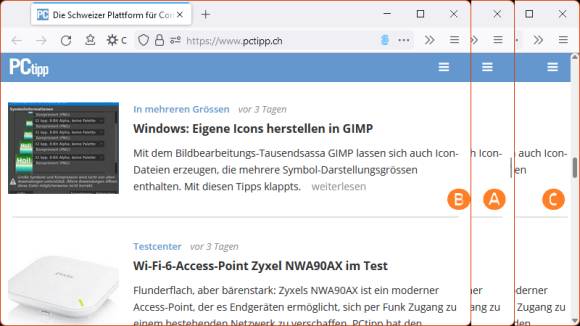 Drei Phasen des Firefox-Scrollbalkens unter Windows 11 