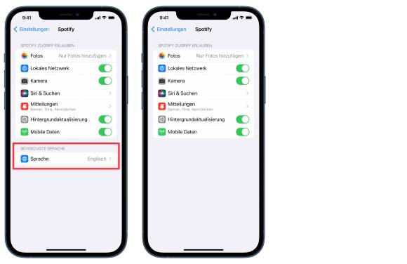 Spotify, einmal mit und einmal ohne Sprachwahlmöglichkeit