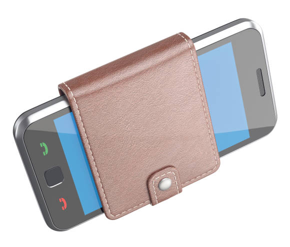 Ein Smartphone in einer Portemonnaie-ähnlichen Hülle 