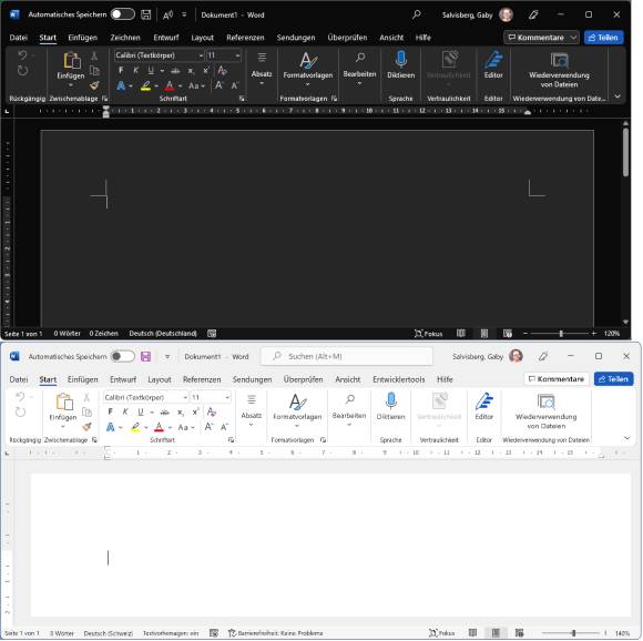 Zweimal MS Word, einmal im Dunkel-, einmal im Hell-Modus 