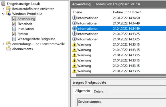 Ausschnitt aus der Ereignisanzeige 