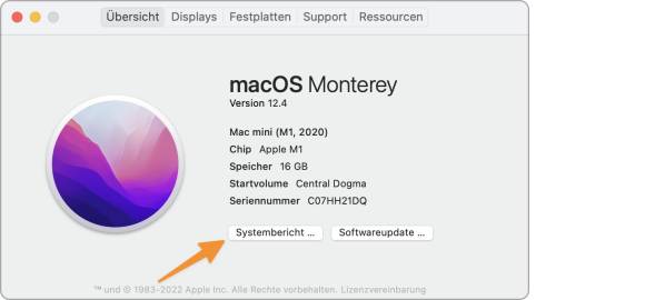 Der Screenshot zeigt die Übersicht über die Mac-Konfiguration mit einer Schaltfläche, die zum Systembericht führt