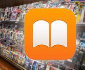 Der Screenshot zeigt das Symbol der Apple-Anwendung «Bücher»; im Hintergrund sieht man einen unscharfen Zeitschriftenstand