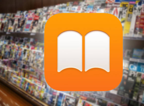 Der Screenshot zeigt das Symbol der Apple-Anwendung «Bücher»; im Hintergrund sieht man einen unscharfen Zeitschriftenstand 